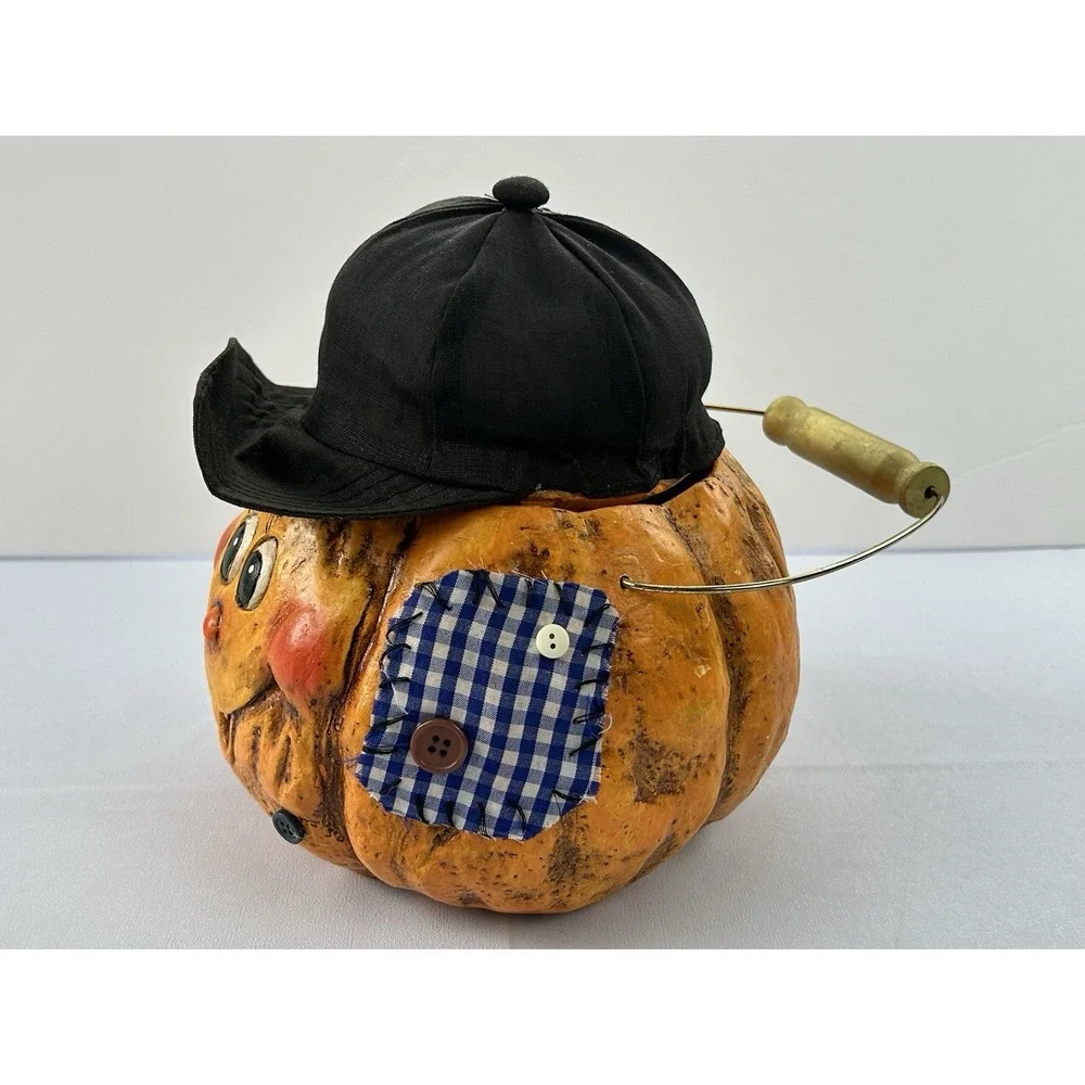 Cracker Barrel Halloween Pumpkin Candy Bucket Basket Folk Art Decor w/ Tag